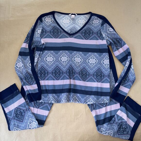 victoria's secret thermal long pajama set Size Large Blue And Pink Argyle - Picture 1 of 9
